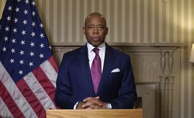 This image taken from video released by New York City Office of the Mayor, Wednesday, Sept. 25, 2024, shows mayor Eric Adams speaking during a videotaped statement. (New York City Office of the Mayor via AP)