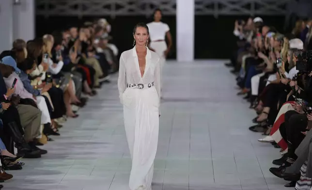 Christy Turlington walks the runway during the Ralph Lauren Spring/Summer 2025 fashion show as part of New York Fashion Week on Thursday, Sept. 5, 2024, at Khalily Stables in Bridgehampton, N.Y. (Photo by Charles Sykes/Invision/AP)