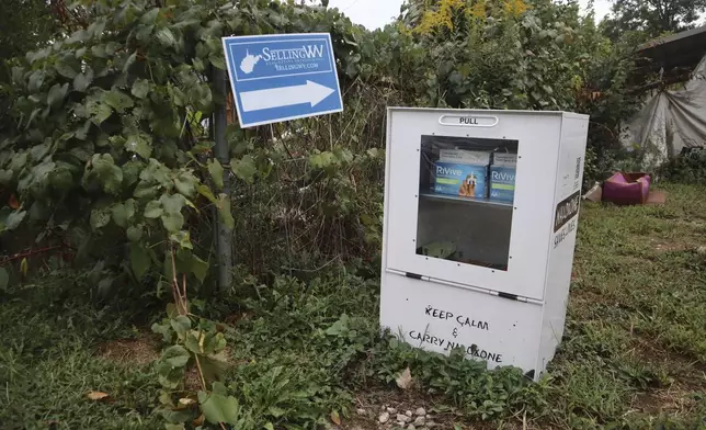 A new naloxone distribution box sits in a residential neighborhood in Hurricane, W.Va. on Tuesday, Sept. 24, 2024. (AP Photo/Leah Willingham)