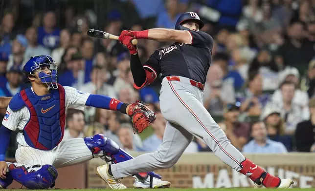 Washington Nationals' Joey Gallo hits a three-run home run during the sixth inning of a baseball game against the Chicago Cubs, Thursday, Sept. 19, 2024, in Chicago. (AP Photo/Erin Hooley)