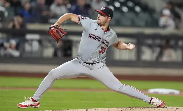 Washington Nationals' Mitchell Parker pitches during the first inning of a baseball game against the New York Mets, Tuesday, Sept. 17, 2024, in New York. (AP Photo/Frank Franklin II)