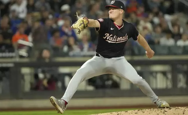 Washington Nationals' DJ Herz pitches during the first inning of a baseball game against the New York Mets, Wednesday, Sept. 18, 2024, in New York. (AP Photo/Pamela Smith)