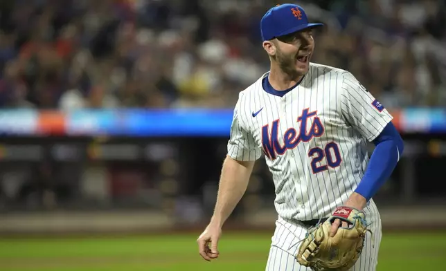 New York Mets first baseman Pete Alonso reacts after grounding out Washington Nationals' Ildemaro Vargas during the third inning of a baseball game, Wednesday, Sept. 18, 2024, in New York. (AP Photo/Pamela Smith)