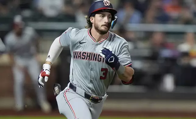 Washington Nationals' Dylan Crews runs to second base for a double during the second inning of a baseball game against the New York Mets, Tuesday, Sept. 17, 2024, in New York. (AP Photo/Frank Franklin II)