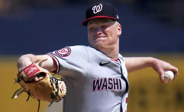 Washington Nationals starting pitcher DJ Herz delivers during the first inning of the first baseball game of a doubleheader against the Pittsburgh Pirates in Pittsburgh, Saturday, Sept. 7, 2024. (AP Photo/Gene J. Puskar)