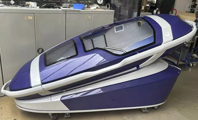 A 'suicide pod' known as 'The Sarco' is seen in Rotterdam, The Netherlands, July 8, 2024. (AP Photo/Ahmad Seir)