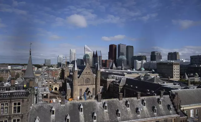 View of the governments buildings under renovation and the skyline of the Hague, Netherlands, Monday, Sept. 16, 2024. (AP Photo/Peter Dejong)