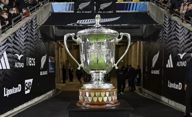 The Bledisloe Cup on display ahead of the Rugby Championship match between the All Blacks and the Wallabies, in Wellington, New Zealand, Saturday, Sept. 28, 2024.(Andrew Cornaga/Photosport via AP)