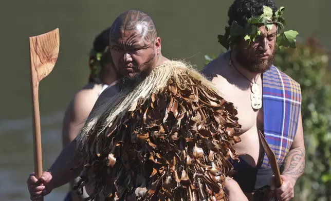 Warriors wait to receive the body of the Māori king, Kingi Tuheitia, next to the Waikato River where he will be carried up Taupiri Mountain for burial at Ngaruawahia, New Zealand, Thursday, Sept 6, 2024. (AP Photo/Alan Gibson)