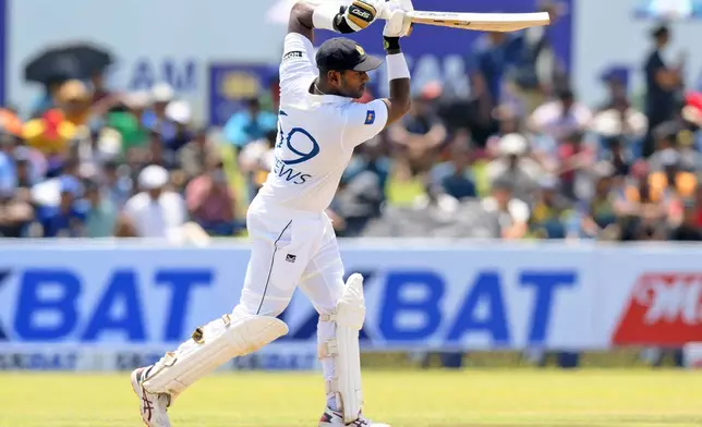 Sri Lanka's Angelo Mathews plays a shot on the first day of the first cricket test match between New Zealand and Sri Lanka in Galle, Sri Lanka, Wednesday, Sept. 18, 2024. (AP Photo/Viraj Kothalawala)