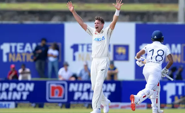 New Zealand's captain Tim Southee reacts after bowling a delivery on the first day of the first cricket test match between New Zealand and Sri Lanka in Galle, Sri Lanka, Wednesday, Sept. 18, 2024. (AP Photo/Viraj Kothalawala)