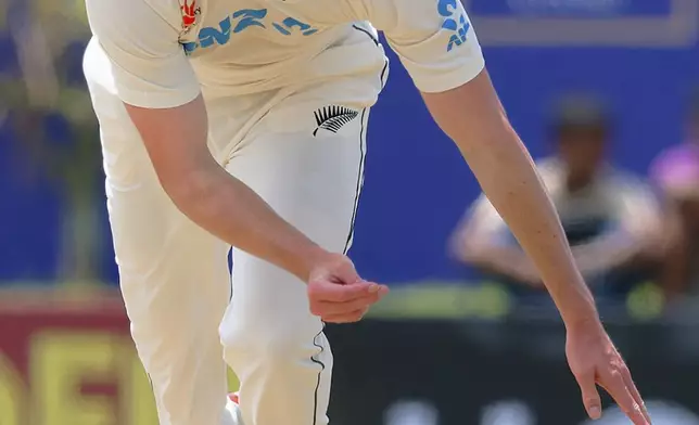 New Zealand's William O'Rourke bowls a delivery on the first day of the first cricket test match between New Zealand and Sri Lanka in Galle, Sri Lanka, Wednesday, Sept. 18, 2024. (AP Photo/Viraj Kothalawala)