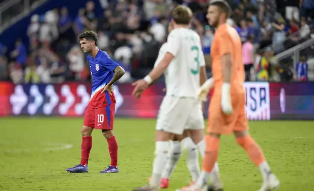 United States' Christian Pulisic (10) reacts following a friendly soccer match against New Zealand, Tuesday, Sept. 10, 2024, in Cincinnati. (AP Photo/Jeff Dean)