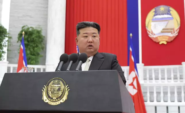 In this photo provided by the North Korean government, North Korean leader Kim Jong Un delivers a speech, marking the country's 76th founding anniversary in Pyongyang, North Korea Monday, Sept. 9, 2024. Independent journalists were not given access to cover the event depicted in this image distributed by the North Korean government. The content of this image is as provided and cannot be independently verified. (Korean Central News Agency/Korea News Service via AP)