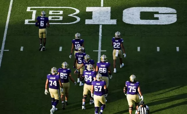 Washington players walk to the sideline during a timeout against Northwestern during the first half of an NCAA college football game Saturday, Sept. 21, 2024, in Seattle. (AP Photo/Lindsey Wasson)