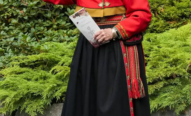 Queen Sonja of Norway attends the wedding of Norway's Princess Martha Louise and Durek Verrett, in Geiranger, Norway, Saturday Aug. 31, 2024. (Cornelius Poppe/NTB via AP)