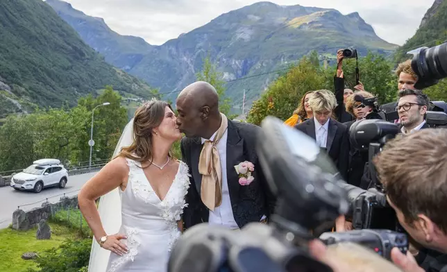 Norway's Princess Martha Louise and Durek Verrett arrive for their wedding party, in Geiranger, Norway, Saturday Aug. 31, 2024. (Cornelius Poppe/NTB via AP)