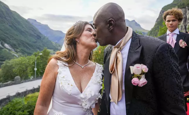 Norway's Princess Martha Louise and Durek Verrett arrive for their wedding party, in Geiranger, Norway, Saturday Aug. 31, 2024. (Heiko Junge/NTB via AP)