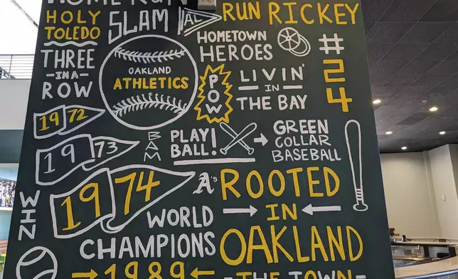 A sign in an empty bar inside the Oakland Coliseum still included the team's former slogan, "Rooted in Oakland" is seen on May 1, 2024, in Oakland, Calif. (AP Photo/Michael Liedtke)