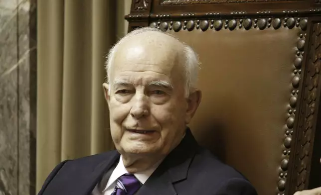 Former Gov. Dan Evans sits in the Washington state Senate chamber, Wednesday, Jan. 14, 2015, in Olympia, Wash. (AP Photo/Rachel La Corte, File)