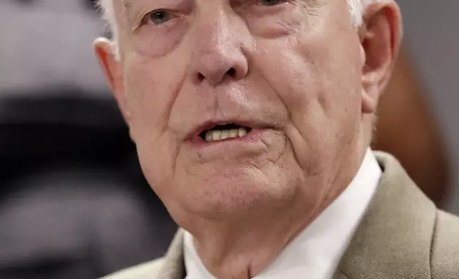 Former governor Dan Evans speaks at a news conference in favor of I-1000, Thursday, Oct. 11, 2018, in Seattle. (AP Photo/Elaine Thompson, File)