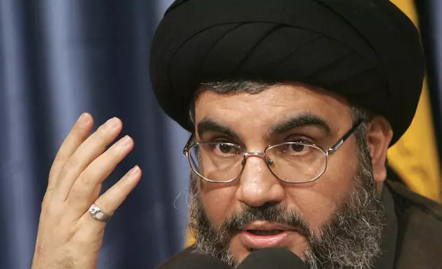 FILE - Hezbollah leader Hassan Nasrallah, speaks during a press conference at Hezbollah headquarters in the southern suburb of Beirut, Monday June 5, 2006. (AP Photo/Hussein Malla, File)