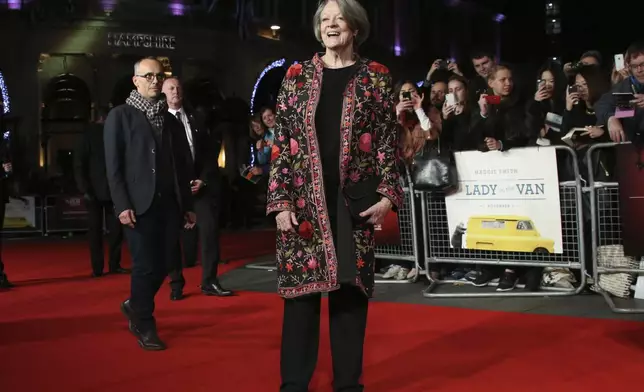 FILE - Maggie Smith appears at the premiere of the film "The Lady In The Van", during the London film festival in London on Oct. 13, 2015. Smith, who won an Oscar for “The Prime of Miss Jean Brodie” in 1969 and won new fans in the 21st century as the dowager Countess of Grantham in “Downton Abbey,” has died at 89. (Photo by Joel Ryan/Invision/AP, File)