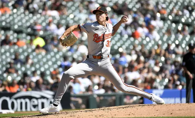 Baltimore Orioles starting pitcher Cade Povich throws against the Detroit Tigers in the third inning of a baseball game, Sunday, Sept. 15, 2024, in Detroit. (AP Photo/Jose Juarez)