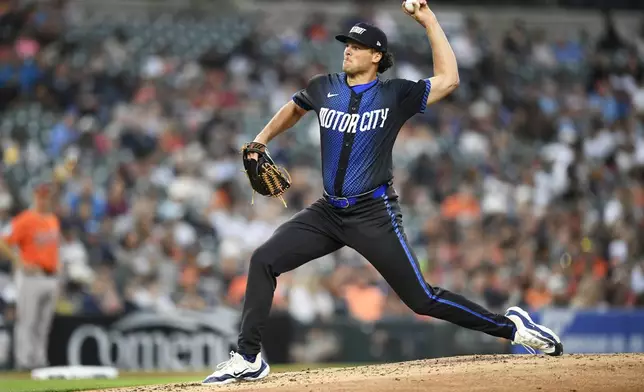 Detroit Tigers relief pitcher Brant Hurter throws against the Baltimore Orioles in the fourth inning of a baseball game, Friday, Sept. 13, 2024, in Detroit. (AP Photo/Jose Juarez)