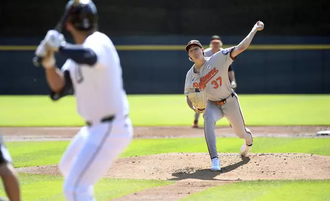 Baltimore Orioles starting pitcher Cade Povich throws against Detroit Tigers' Riley Greene in the first inning of a baseball game, Sunday, Sept. 15, 2024, in Detroit. (AP Photo/Jose Juarez)