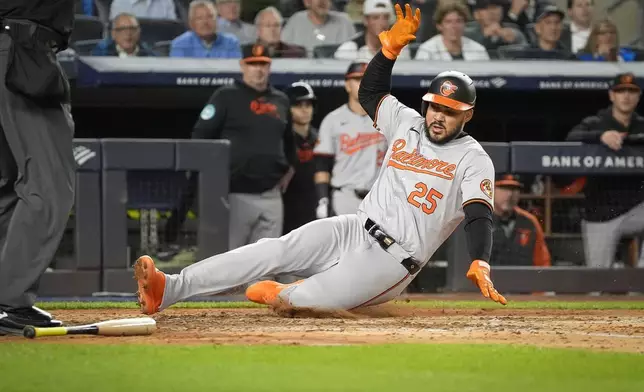 Baltimore Orioles' Anthony Santander scores a run off a single from Ryan O'Hearn during the forth inning of a baseball game against the New York Yankees, Tuesday, Sept. 24, 2024, in New York. (AP Photo/Bryan Woolston)