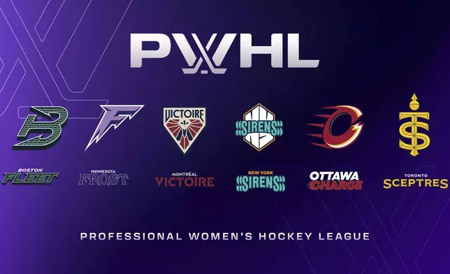 This image released by the PWHL shows the new logos for the six hockey teams on Monday, Sept. 9, 2024. (PWHL via AP)