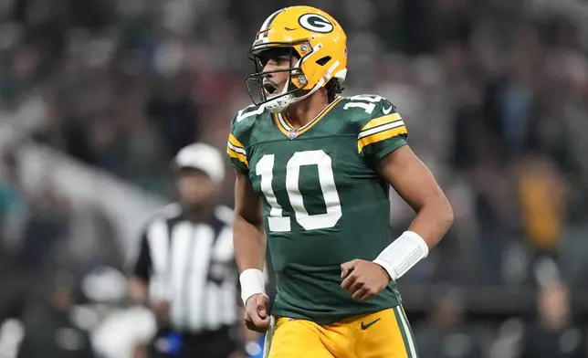 Green Bay Packers quarterback Jordan Love (10) reacts during the second half of an NFL football game against the Philadelphia Eagles, Friday, Sept. 6, 2024, at the Neo Quimica Arena in Sao Paulo. (AP Photo/Doug Benc)