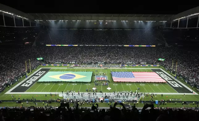 Neo Quimica Arena in a general view, GV, from the upper level at the 50 yard line before an NFL football game between the Philadelphia Eagles and the Green Bay Packers, Friday, Sept. 6, 2024, in Sao Paulo. (AP Photo/Andre Penner)