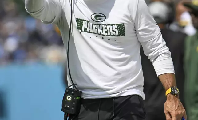 Green Bay Packers head coach Matt LaFleur reacts during the first half of an NFL football game against the Tennessee Titans Sunday, Sept. 22, 2024, in Nashville, Tenn. (AP Photo/John Amis)