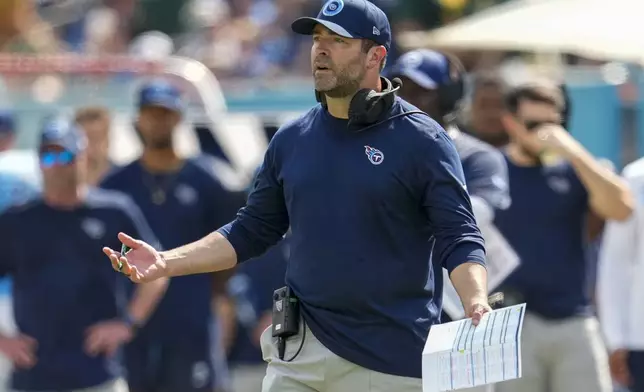 Tennessee Titan head coach Brian Callahan reacts to a call during the second half of an NFL football game against the Green Bay Packers Sunday, Sept. 22, 2024, in Nashville, Tenn. (AP Photo/George Walker IV)