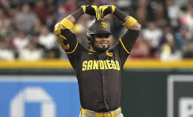 San Diego Padres' Luis Arraez reacts after hitting a double against the Arizona Diamondbacks in the first inning during a baseball game, Friday, Sept. 27, 2024, in Phoenix. (AP Photo/Rick Scuteri)