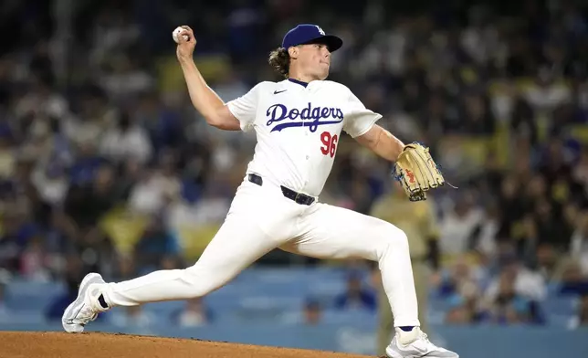 Los Angeles Dodgers starting pitcher Landon Knack throws to the plate during the first inning of a baseball game against the San Diego Padresl, Tuesday, Sept. 24, 2024, in Los Angeles. (AP Photo/Mark J. Terrill)