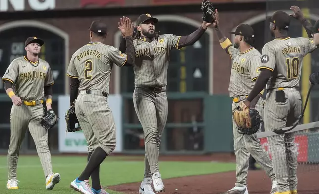 San Diego Padres right fielder Fernando Tatis Jr., middle, celebrates with teammates during the sixth inning of a baseball game against the San Francisco Giants in San Francisco, Friday, Sept. 13, 2024. (AP Photo/Jeff Chiu)