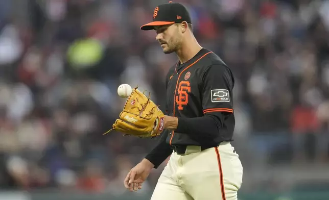 San Francisco Giants pitcher Mason Black reacts on the mound during the fourth inning of a baseball game against the San Diego Padres in San Francisco, Saturday, Sept. 14, 2024. (AP Photo/Jeff Chiu)