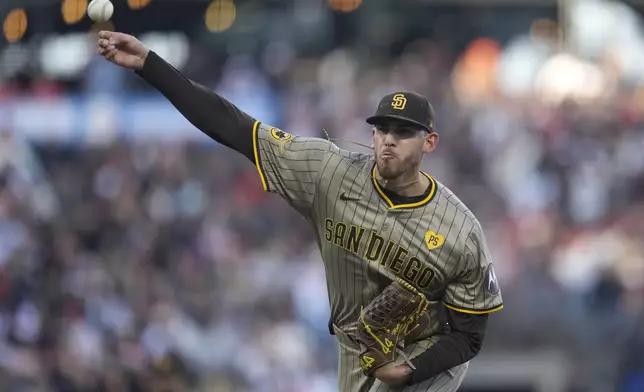 San Diego Padres pitcher Joe Musgrove works against the San Francisco Giants during the first inning of a baseball game in San Francisco, Saturday, Sept. 14, 2024. (AP Photo/Jeff Chiu)