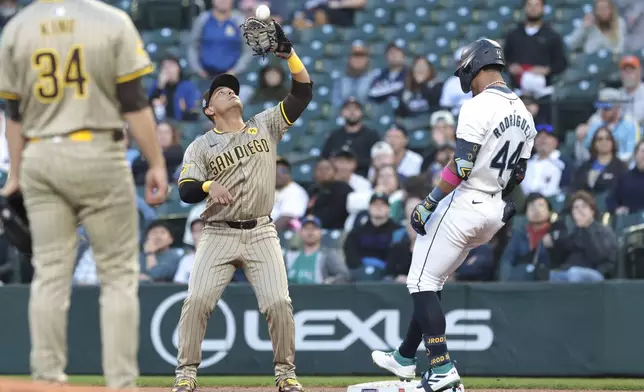 San Diego Padres first baseman Donovan Solano, center, catches a pop up by Seattle Mariners' Julio Rodríguez (44) as Rodríguez steps on the bag during the first inning of a baseball game, Wednesday, Sept. 11, 2024, in Seattle. (AP Photo/Jason Redmond)