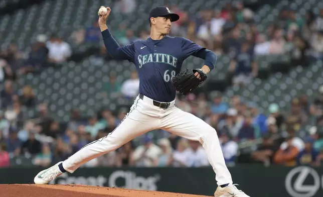 Seattle Mariners starting pitcher George Kirby throws during the first inning of a baseball game against the San Diego Padres, Tuesday, Sept. 10, 2024, in Seattle. (AP Photo/Jason Redmond)