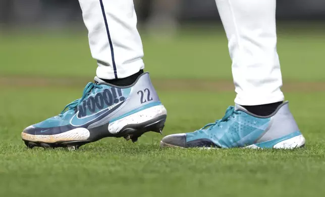 The shoes of Seattle Mariners starting pitcher Bryan Woo during the sixth inning of a baseball game against the San Diego Padres, Wednesday, Sept. 11, 2024, in Seattle. (AP Photo/Jason Redmond)