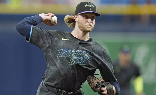 Tampa Bay Rays starting pitcher Shane Baz delivers to the San Diego Padres during the first inning of a baseball game Saturday, Aug. 31, 2024, in St. Petersburg, Fla. (AP Photo/Chris O'Meara)