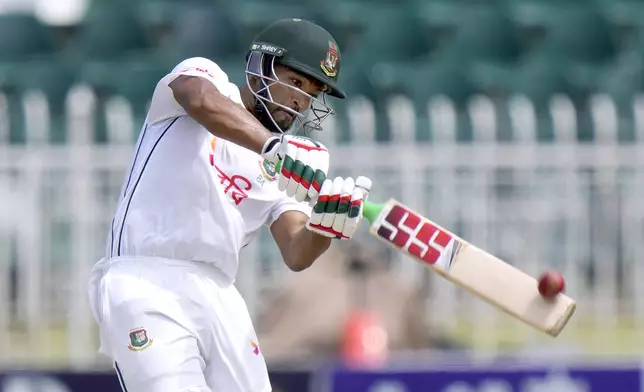 Bangladesh's Najmul Hossain Shanto plays a shot during the fifth day of second test cricket match between Pakistan and Bangladesh, in Rawalpindi, Pakistan, Tuesday, Sept. 3, 2024. (AP Photo/Anjum Naveed)