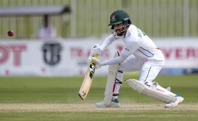 Bangladesh's Mominul Haque plays a shot during the fifth day of second test cricket match between Pakistan and Bangladesh, in Rawalpindi, Pakistan, Tuesday, Sept. 3, 2024. (AP Photo/Anjum Naveed)