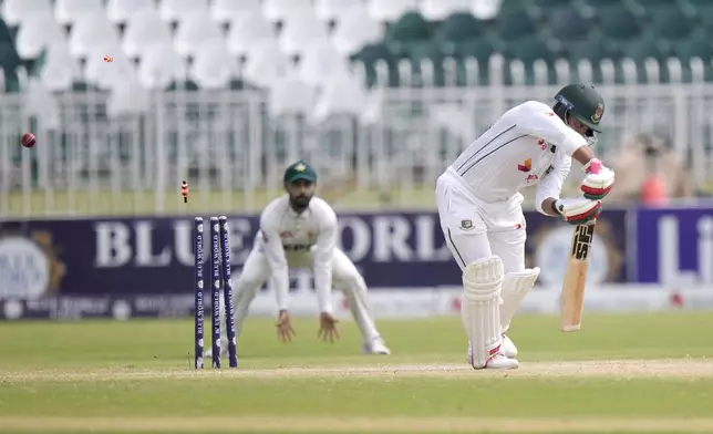 Bangladesh's Zakir Hasan is bowled out Pakistan's Mir Hamza during the fifth day of second test cricket match between Pakistan and Bangladesh, in Rawalpindi, Pakistan, Tuesday, Sept. 3, 2024. (AP Photo/Anjum Naveed)