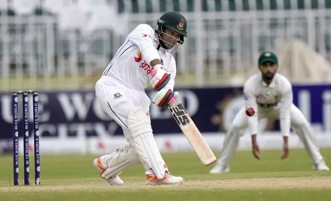 Bangladesh's Zakir Hasan plays a shot during the fourth day of second test cricket match between Pakistan and Bangladesh, in Rawalpindi, Pakistan, Monday, Sept. 2, 2024. (AP Photo/Anjum Naveed)