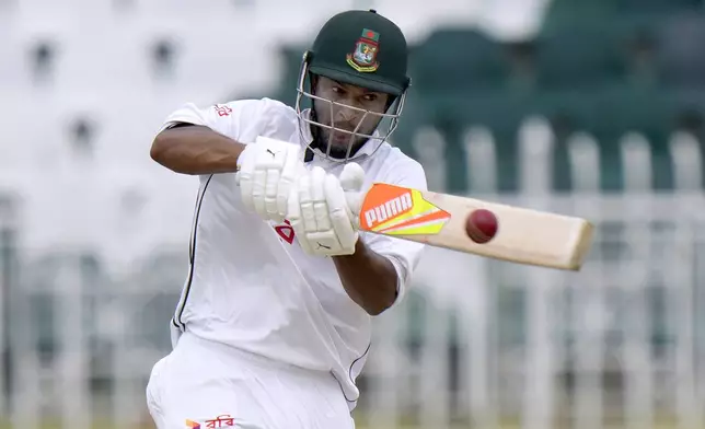 Bangladesh's Shakib Al Hasan plays a shot during the fifth day of second test cricket match between Pakistan and Bangladesh, in Rawalpindi, Pakistan, Tuesday, Sept. 3, 2024. (AP Photo/Anjum Naveed)